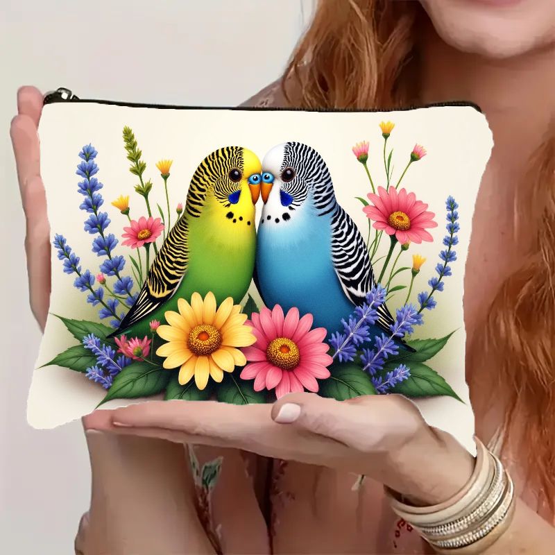 TEMU Colorful Budgie Bird & Vibrant Floral Print Cosmetic Makeup Bag With Zipper Closure - Lightweight, Portable & Foldable Travel Toiletry Pouch,