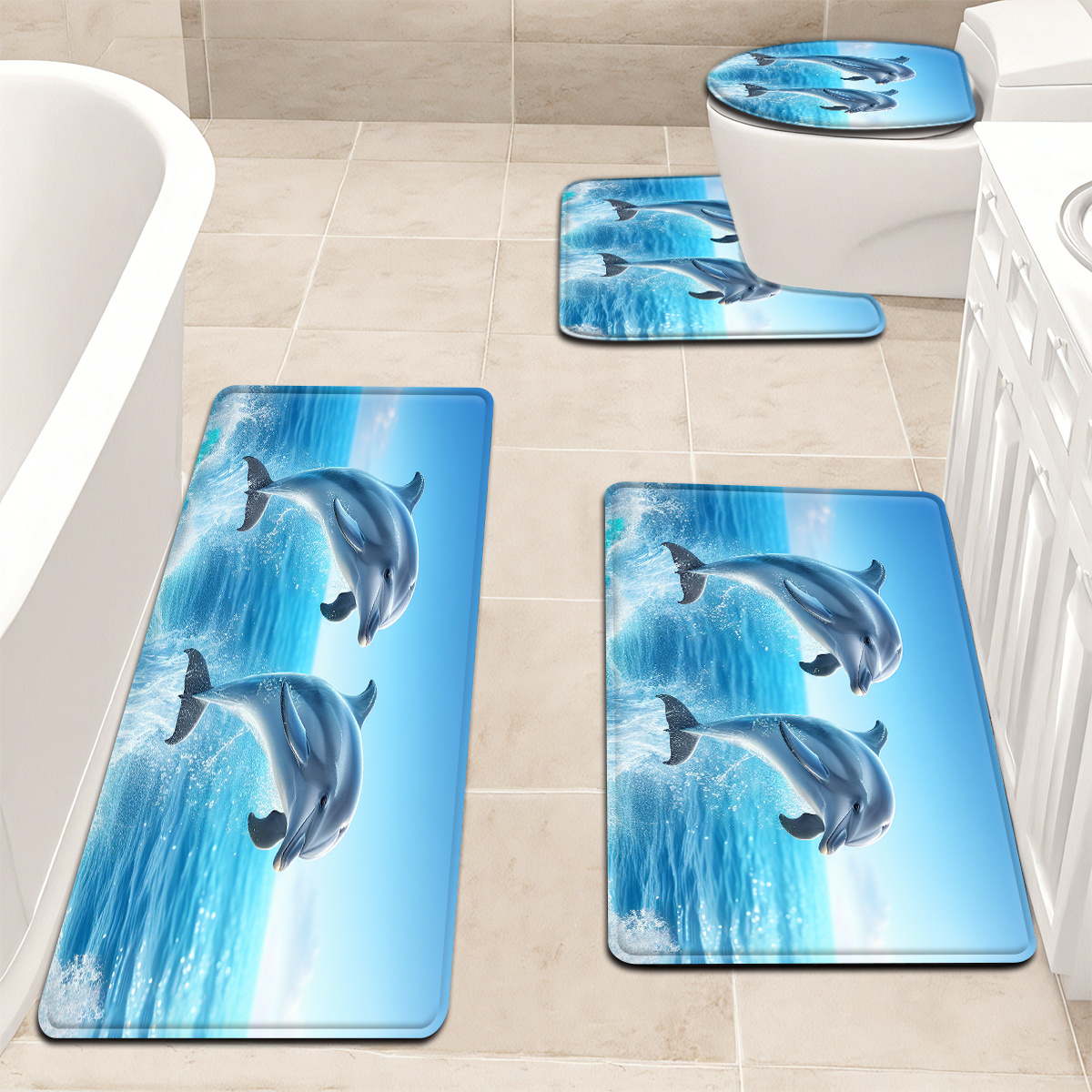 3pcs/4pcs * Dolphin Pattern Toilet Seat Cover and Floor Mat Set, image size:1200x1200