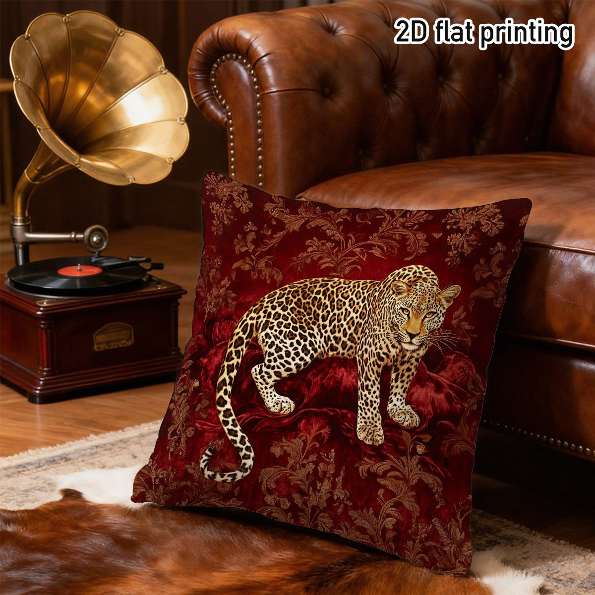 TEMU 1pc Bohemian Red Damask Leopard Print Throw Pillow Cover - Duplex Animal & Damask Patterns, Zipper Closure Sofa Cover For , European Decor (no
