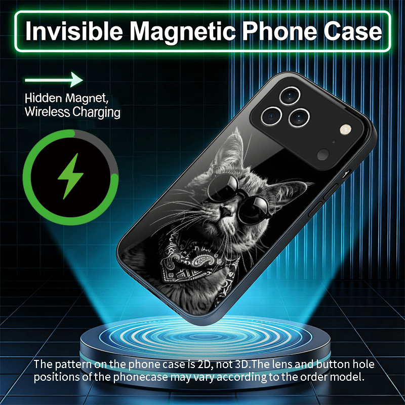 custodia per telefono - elegante cover magnetica con motivo di occhiali da gatto in vetro temperato, adatta per iphone 17 pro max/16 plus/15/14/13/12/11 pro/xs max/air/se4/mini