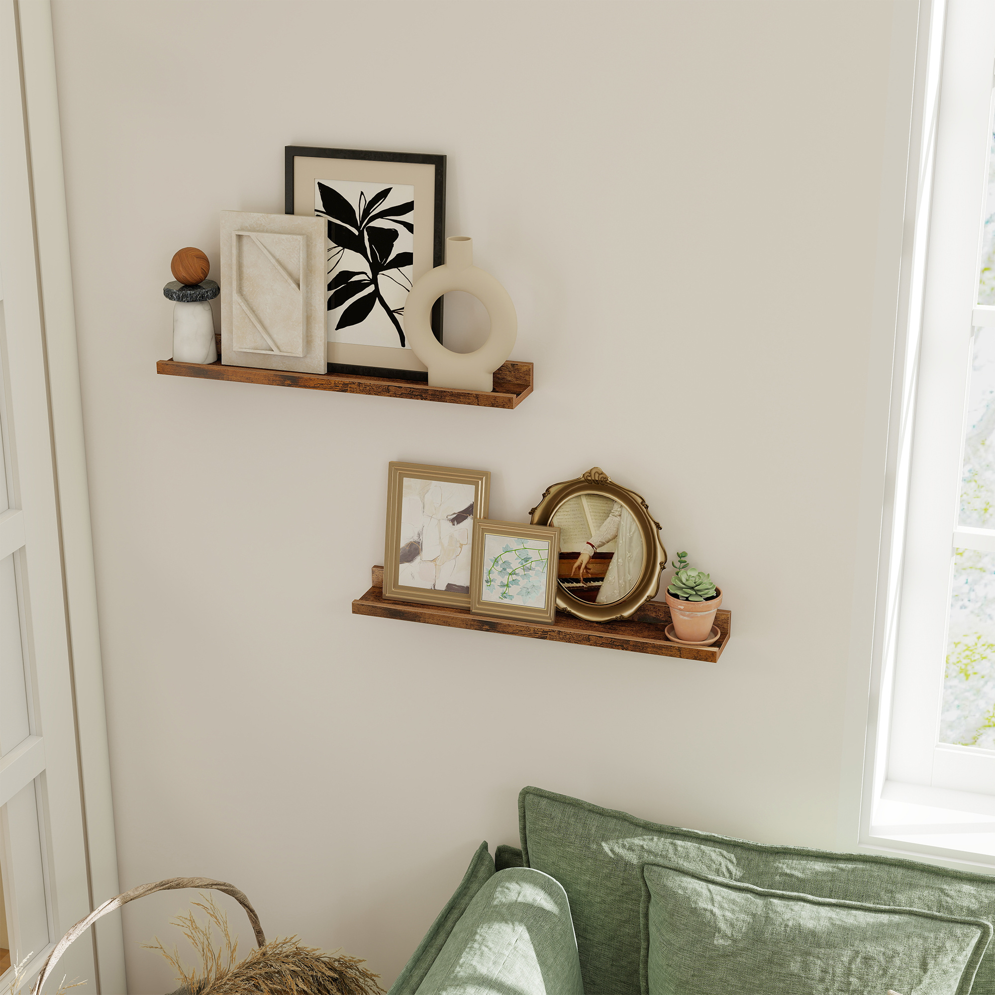 TEMU Set Of 2 Wall Mounted Floating Shelves | 60 Cm Wide, Rustic Brown, Wood, , For Living Room, Kitchen, Home Office, Brand