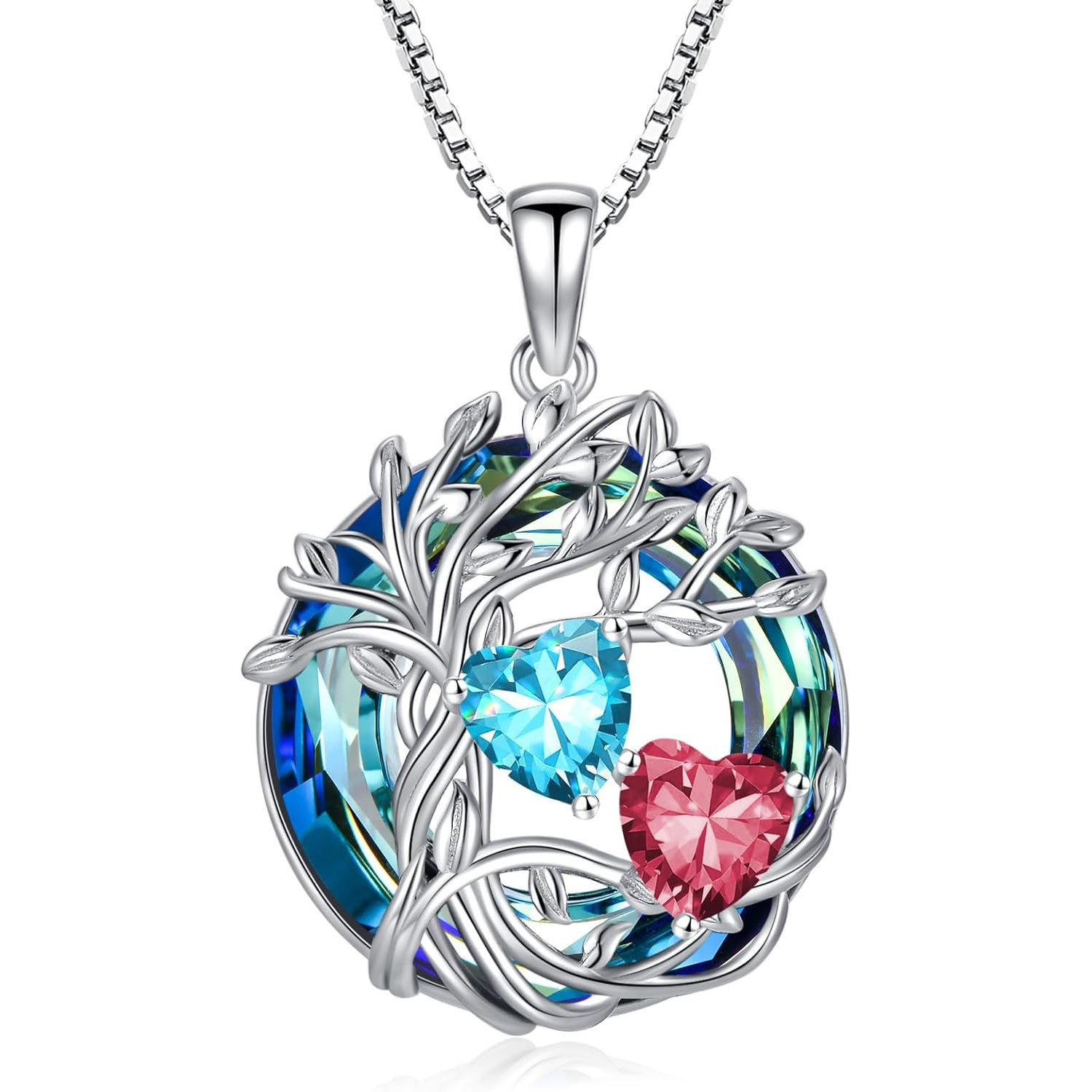 Image of S925 Sterling 925 Silver Pendant Necklace With 2 Heart Birthstones & Chain, Ideal Mother's Day Birthday Christmas Jewelry Gifts For Women Her