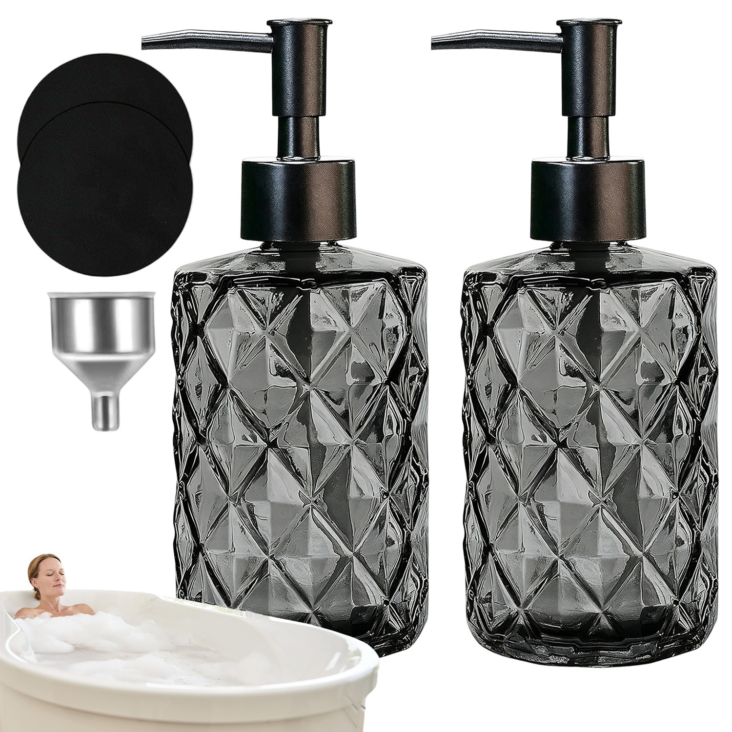 Image of 2 330ml Soap Dispensers Refillable With Funnel 2 Pads For Shopping Mall