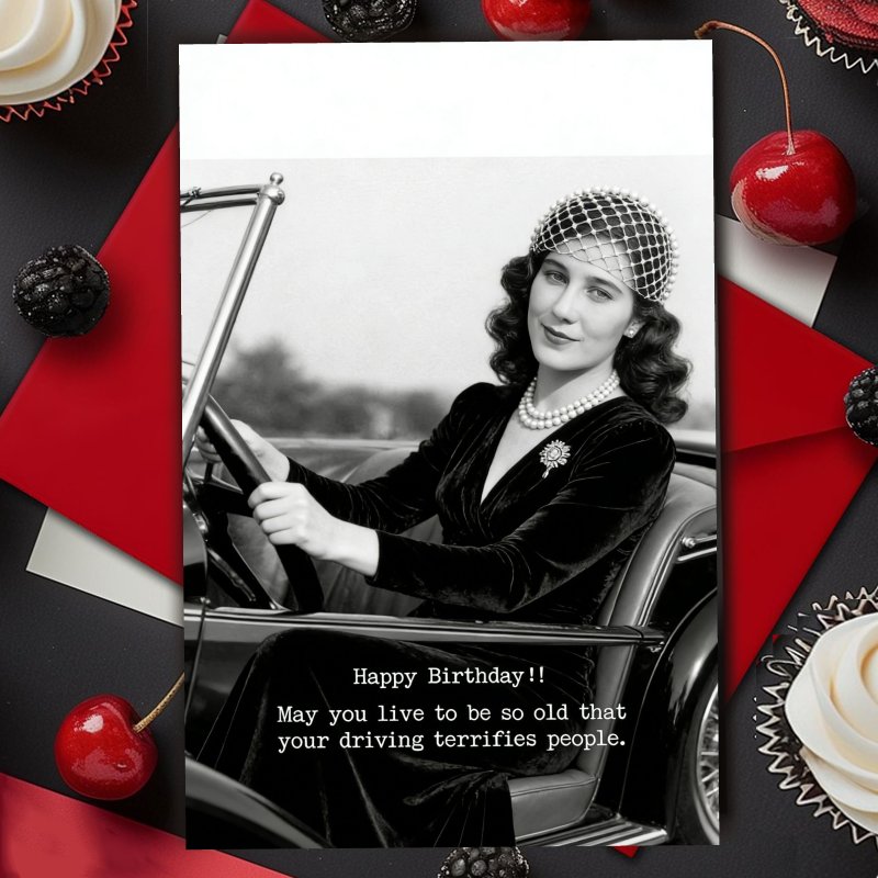 TEMU 1pc Retro Women's Driving Theme Birthday Card | Fun Birthday Card With Envelope, Suitable For Any Occasion, Paper