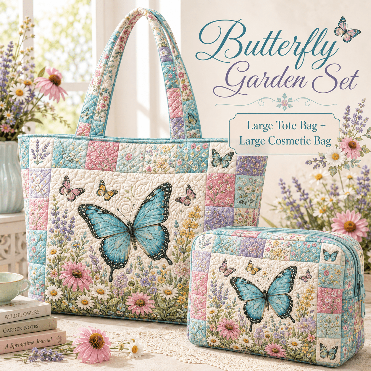 TEMU 2pcs Women's Quilted Tote Bag And Cosmetic Bag Set, Floral And Print, Soft Style, Large Handbag With Makeup Pouch For Spring Travel, Garden
