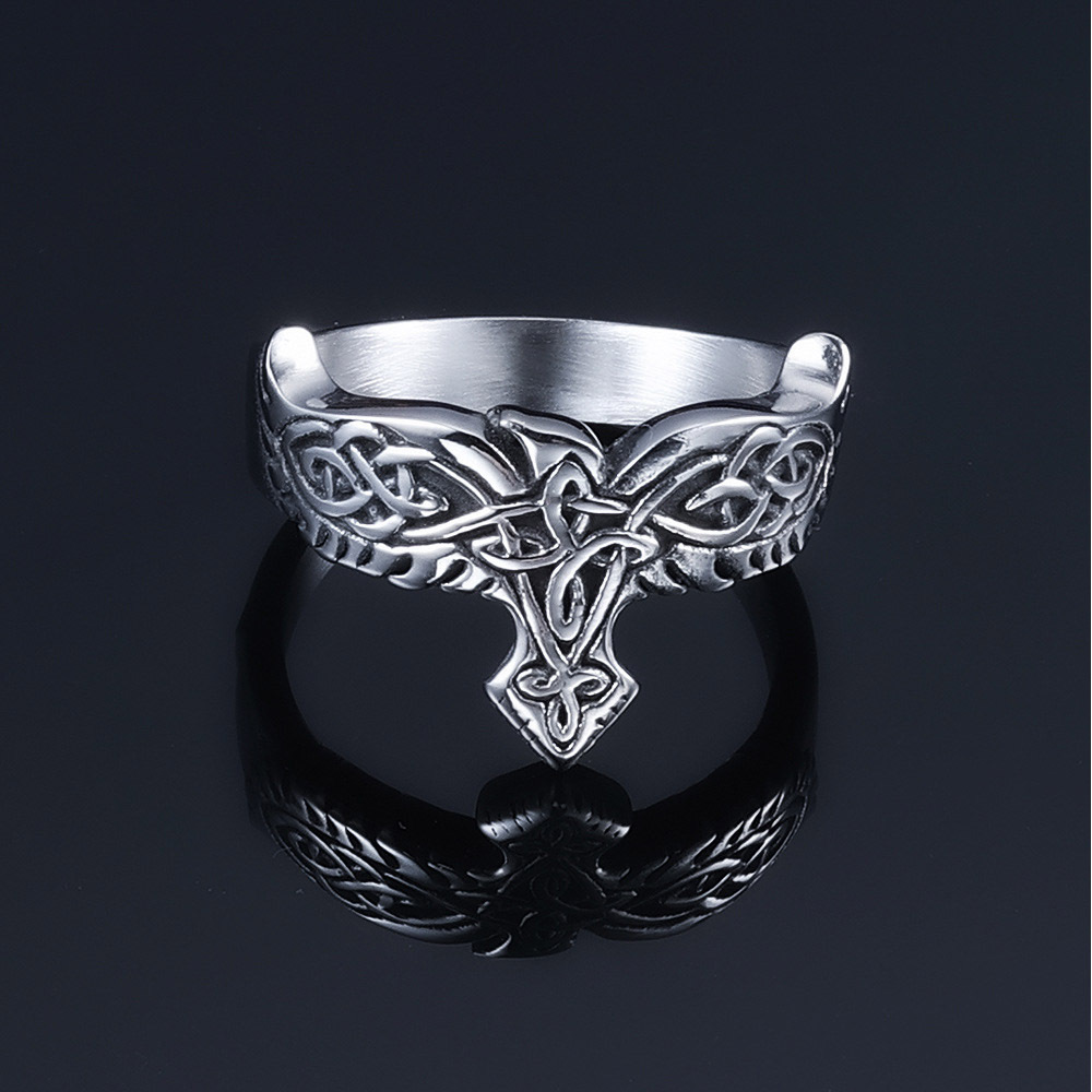 Image of Vintage Silvery 304l 304l Stainless Steel Viking Celtic Knot Band Ring For Men, Trendy Fashion , Norse Inspired Accessory, Without Battery