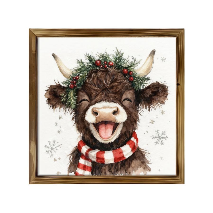 TEMU 2d Flat Wall Decoration | Christmas Highland Cow Theme Wall Painting, 8x8 Inch Wood Picture Frame, Vintage Home Office Decor, Christmas Gift ,