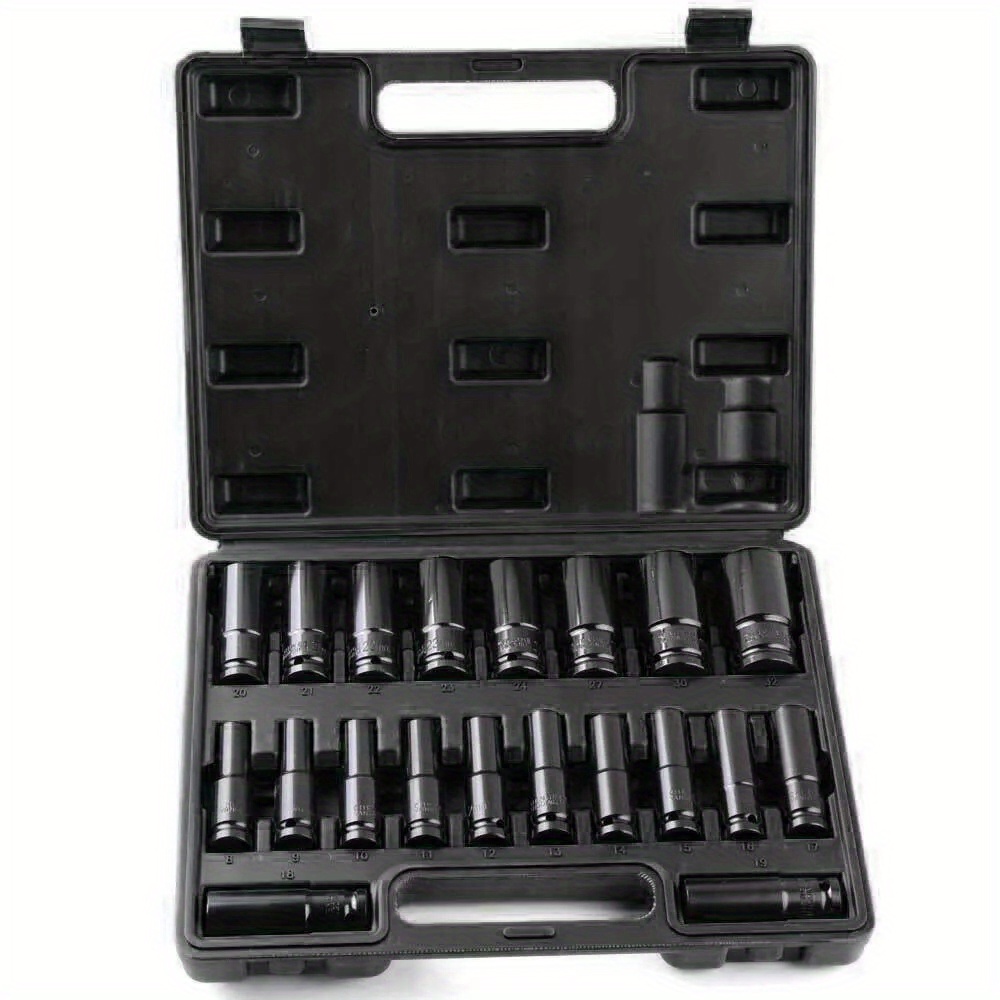TEMU 20pcs Socket Set, 1/2" Drive, Metric, 8-32mm, Carbon Steel, For Electric Wrench, Ratchet, Pneumatic Hexagonal Sleeve - Professional Mechanics