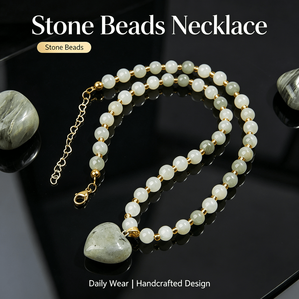 Natural Stone Beaded Necklace with Heart-shaped Stone Pendant