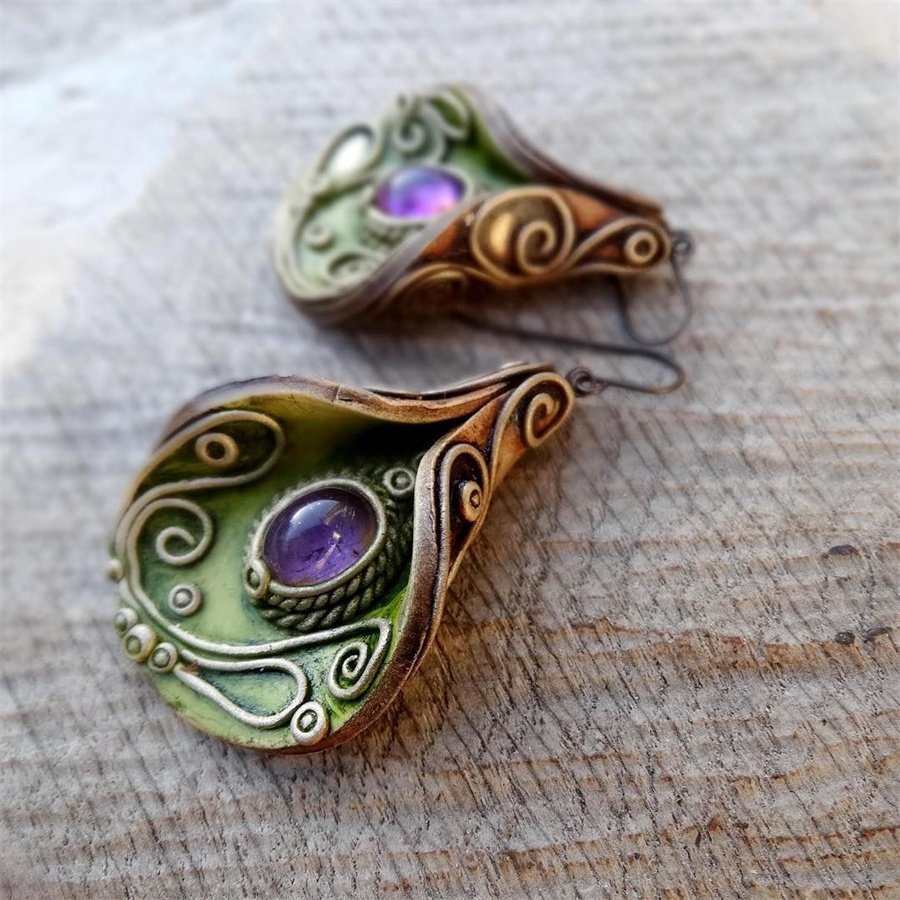 Vintage Inlaid Purple Resin Drop Earrings for Women