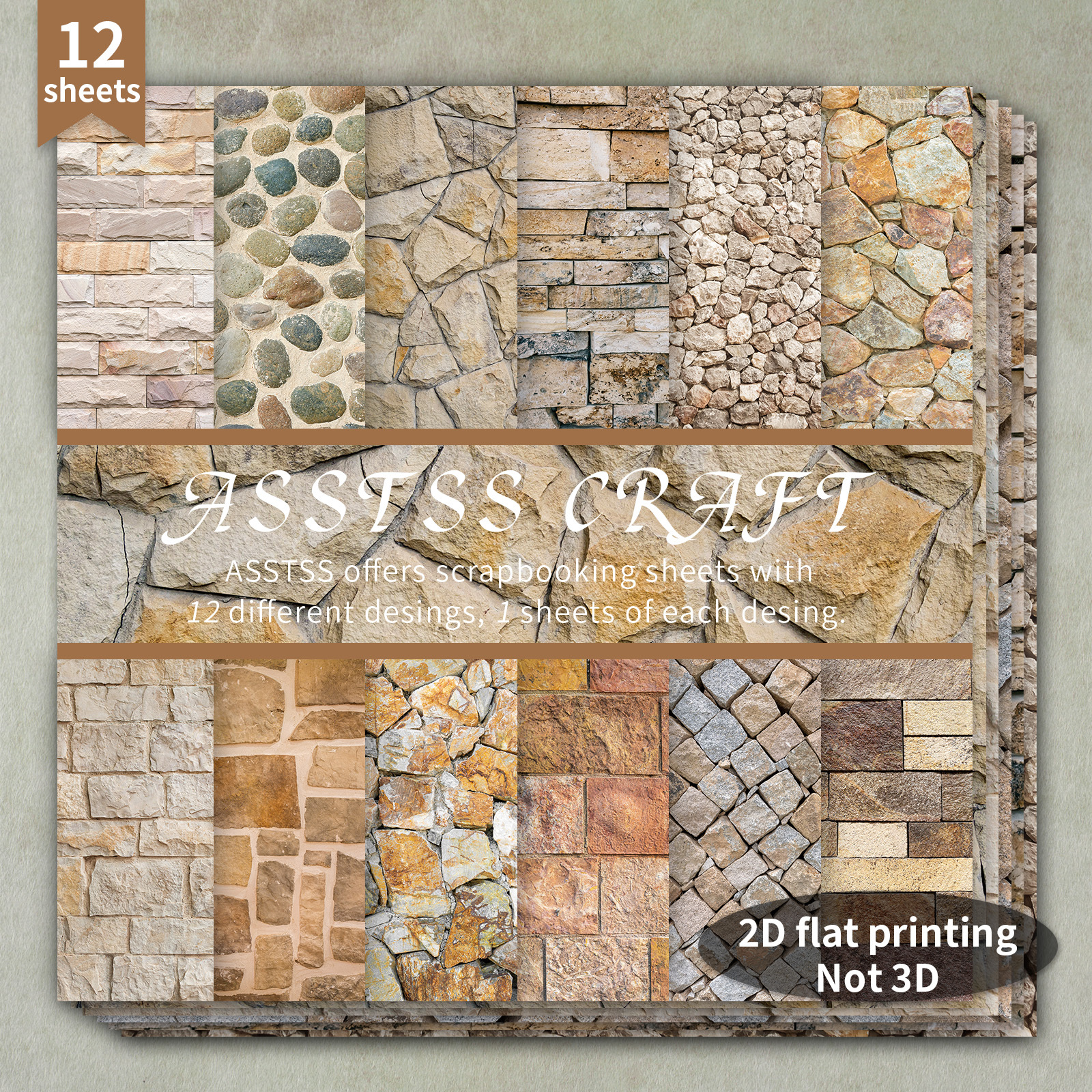 TEMU 12-sheet Asstss Heavyweight Scrapbooking Paper Pad Suitable For Journaling, Collage Art, Greeting Cards - Vintage Industrial Retro Stone Texture