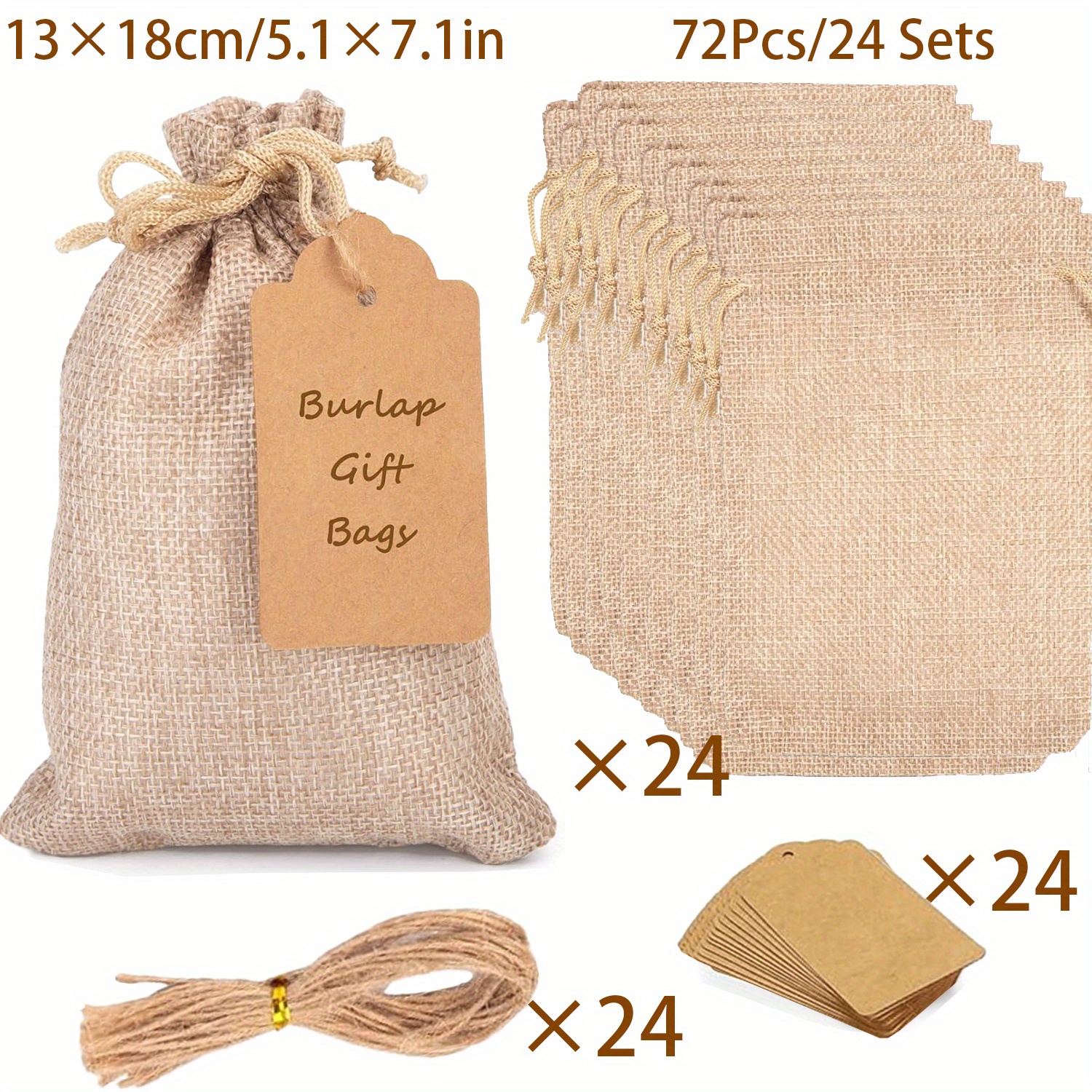 TEMU 72pcs/24 Sets Burlap Gift Bags With Drawstring, For Party Favor Gift Bags And Gift Tags & String, Linen Sacks Wedding Gift Bags For Party,