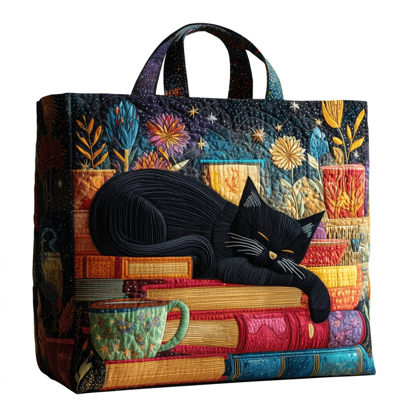 TEMU Quilted Tote Bag Printed Shoulder Handbag Black Cat Books Floral Starry Pattern Large Capacity Lightweight Tote For Pack Reusable Portable