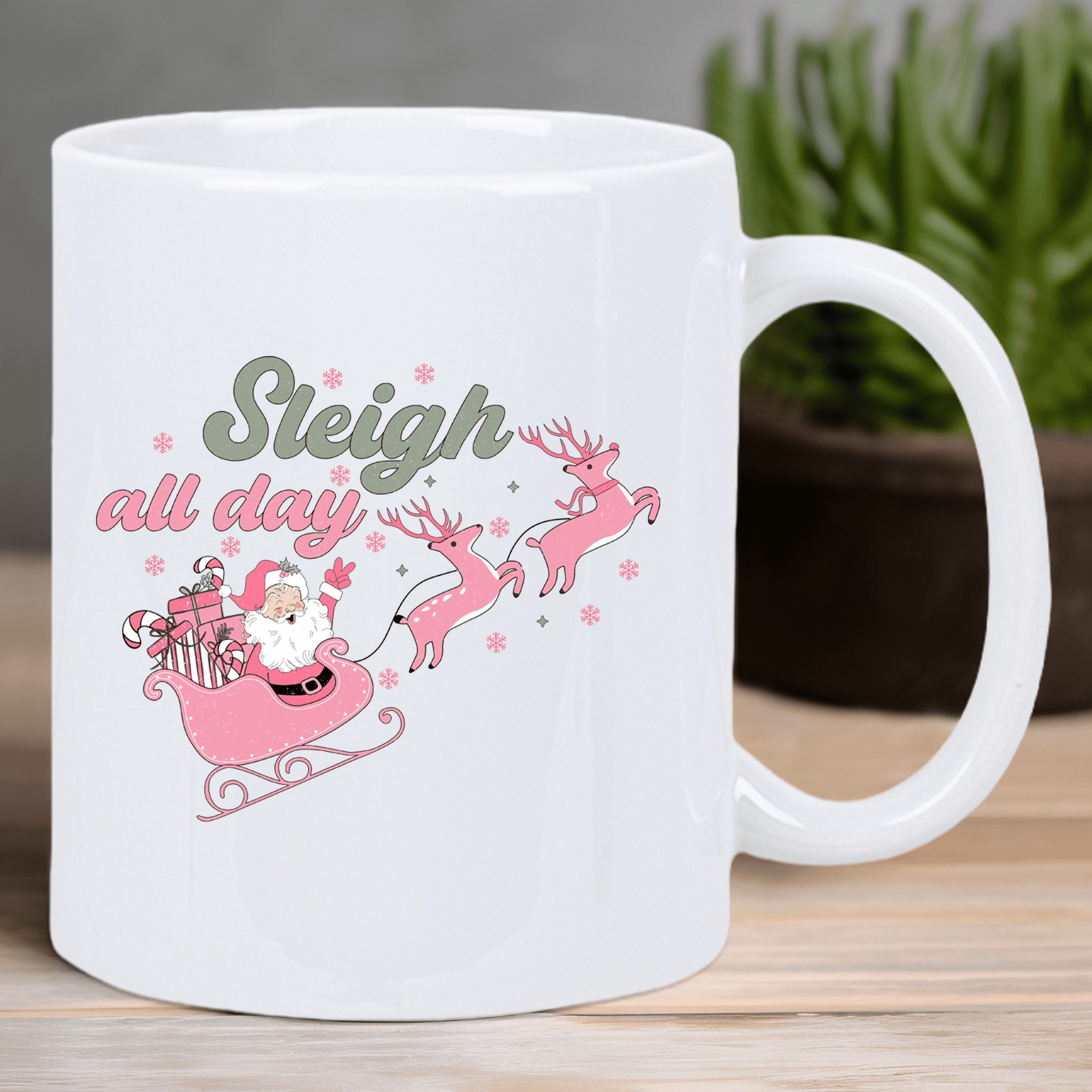 festive santa sleigh reindeer ceramic coffee mug insulated reusable white mug with   design   holiday gifting hand wash only seasonal gift item   holiday mug glossy   details 0