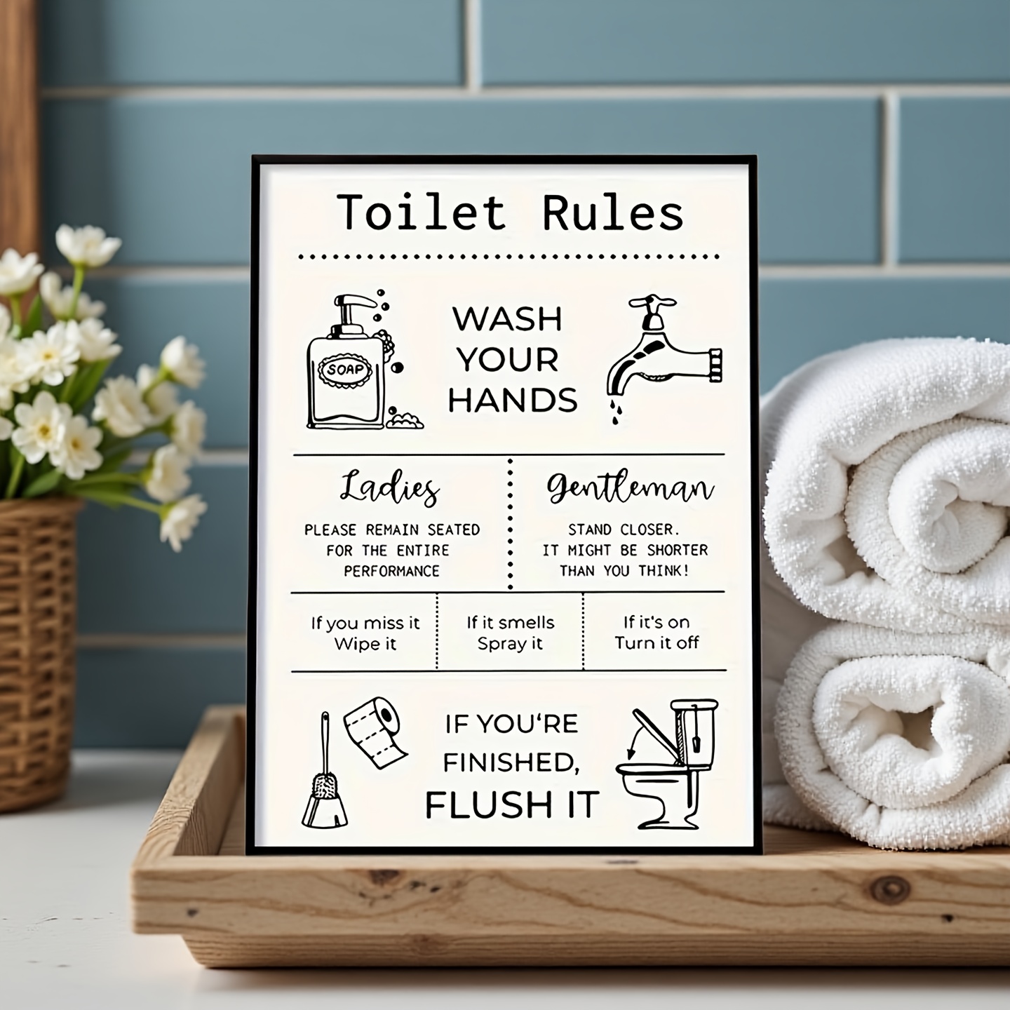 TEMU 1 Wooden Bathroom Rules Wall Art Sign, Black And White Restroom Etiquette Decoration, Easy To Hang, No Power Required, No Feathers, Universal