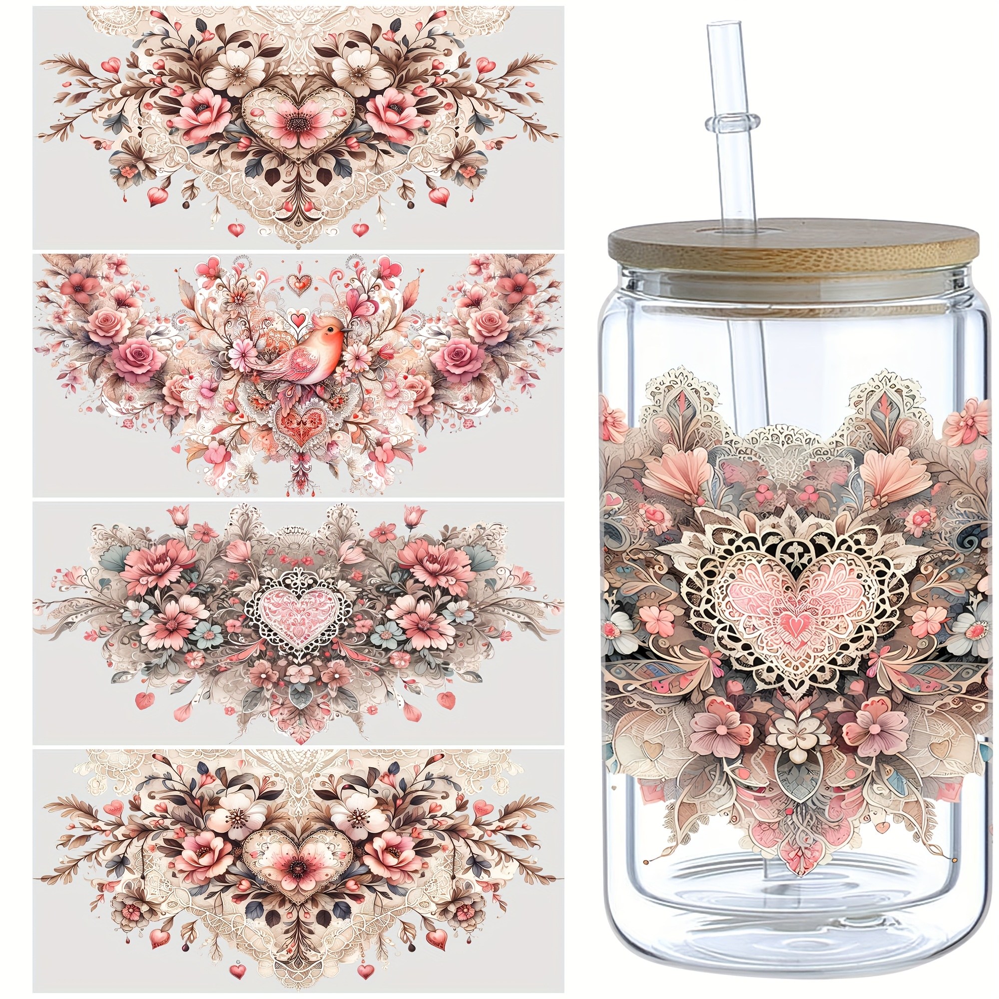 TEMU 5 Sheets/set Of Lace Pattern Uv Dtf Cup, Glass Cup Dtf Transfer Paper, Waterproof Floral Erasable Transfer Paper, Suitable For 16-ounce Glass
