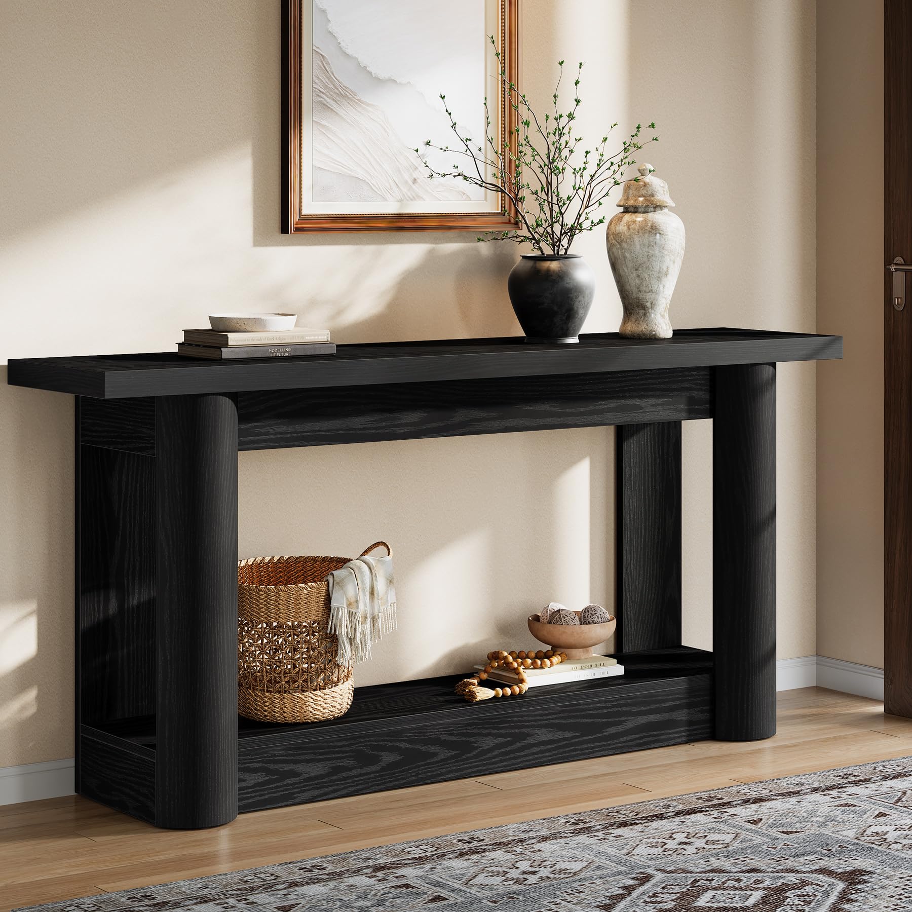 Image of 63-inch Farmhouse Console Table, Narrow Long Sofa Table Behind The Couch, 2-tier Storage Entryway Furniture For Hallway, Entrance, Living Room, Black
