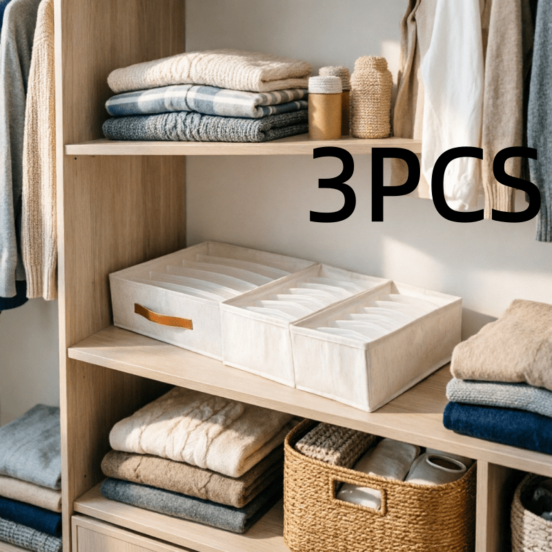 TEMU Lot de 3 boîtes de rangement pliantes en tissu beige pour tiroir avec poignées roses - Empilables, adaptées au rangement des chaussettes,