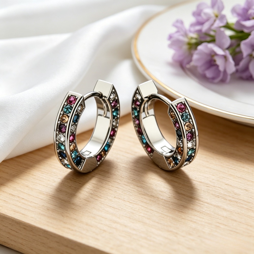 Micro-Pave Colored Imitation Square Ear Hooks, Premium Silvery Hoops