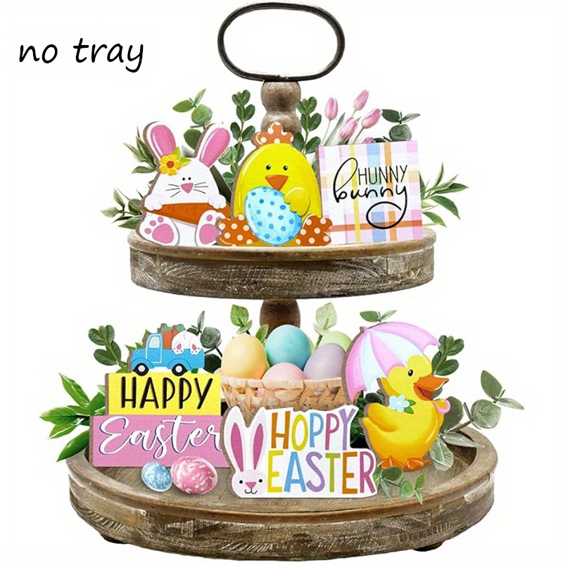 

Easter Tiered Tray Decor Set, Log Material, Centerpiece With Bunny & Egg Designs, Non-electric, Featherless, For 14+, Ideal For Display & Storage Decoration