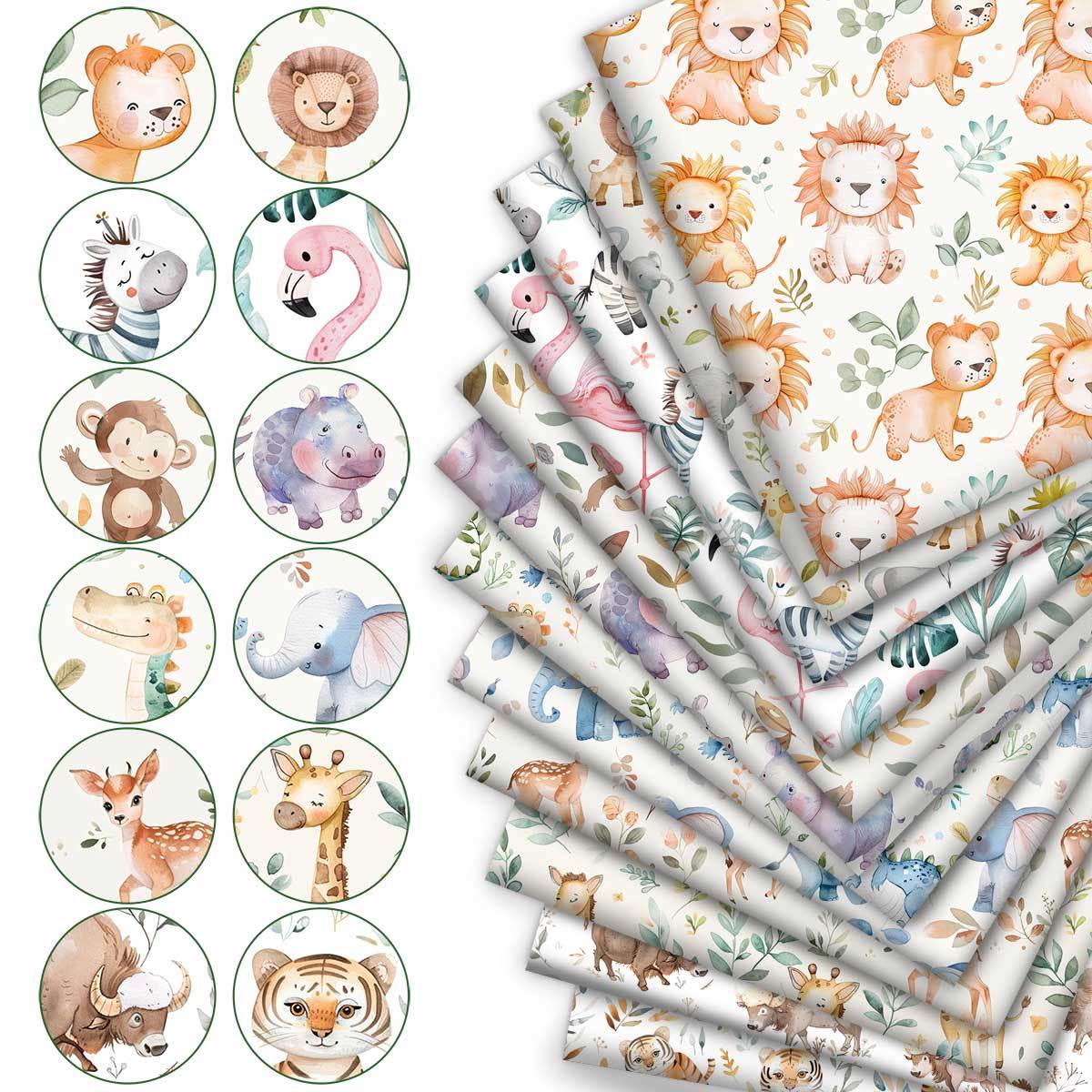 TEMU Set da 12 pezzi di tessuto con stampa animale ad 9.45*19.7 pollici, motivi a cartone animato con , leone, tigre, elefante, set di tessuti con 12