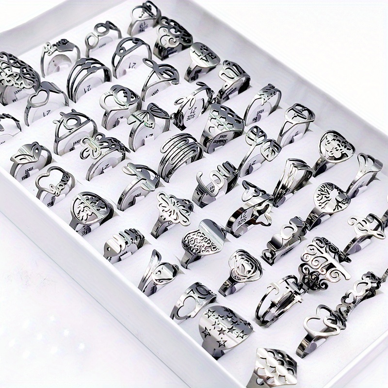 E-shop 20 Stück/Sortiment Gravierte Edelstahlringe für Männer und Frauen, Modischer Schmuck mit Hohlem Blumencharme Geschenk, Großhandel