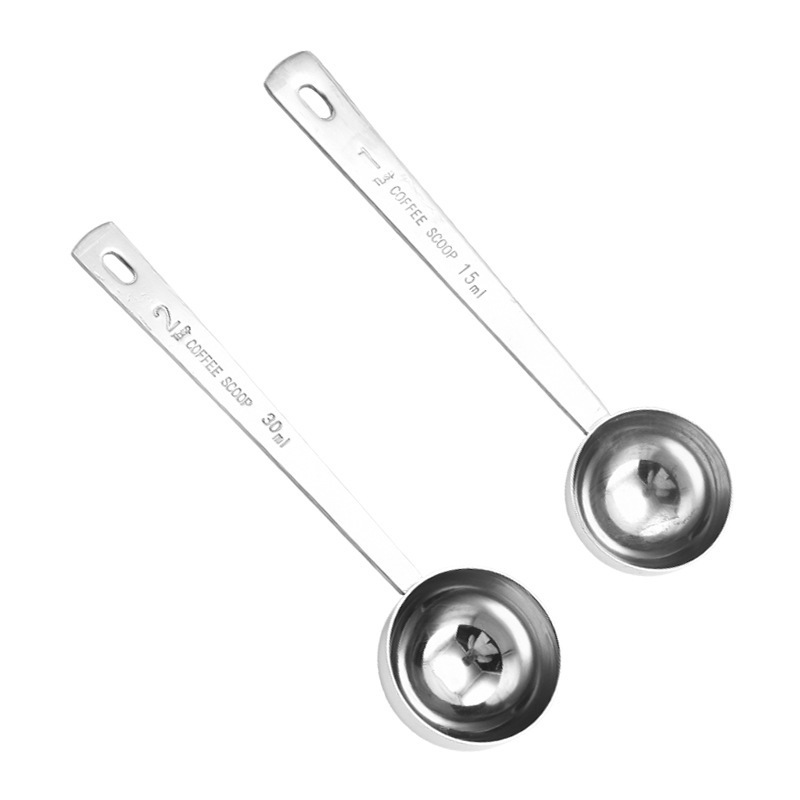TEMU 2pcs Long Handle Stainless Steel Coffee Measuring Scoop, 15ml And 30ml Engraved Scale Metal Coffee Bean Powder Spoon, Hanging Hole Design