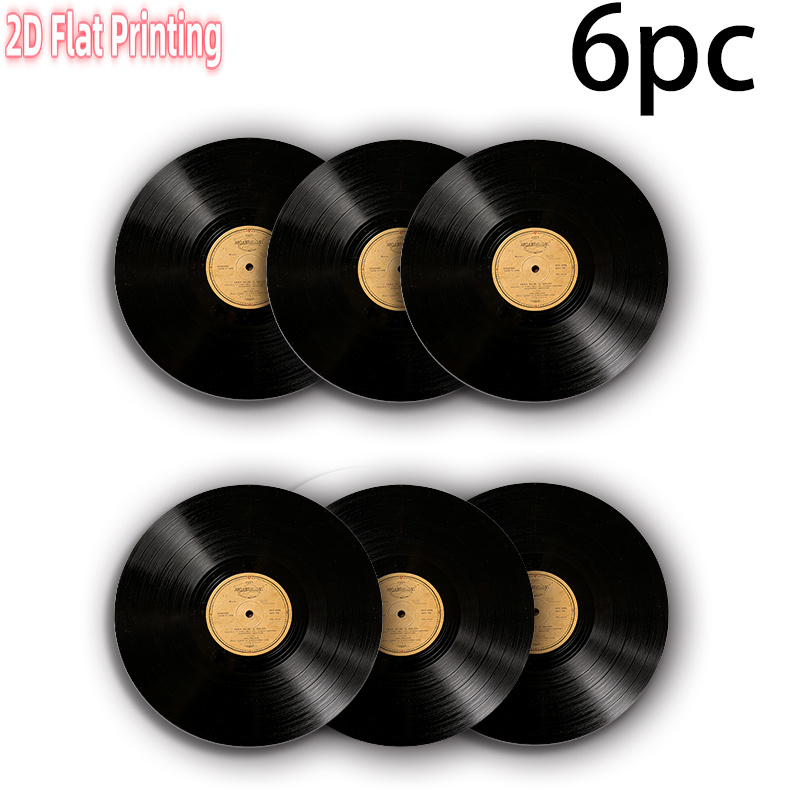 TEMU 2d Flat 4-pc 6-pc Round Placemat Record Black Polyester Fiber, 2d Flat Printing, Suitable For Elegant Dining, Gatherings, Special Party