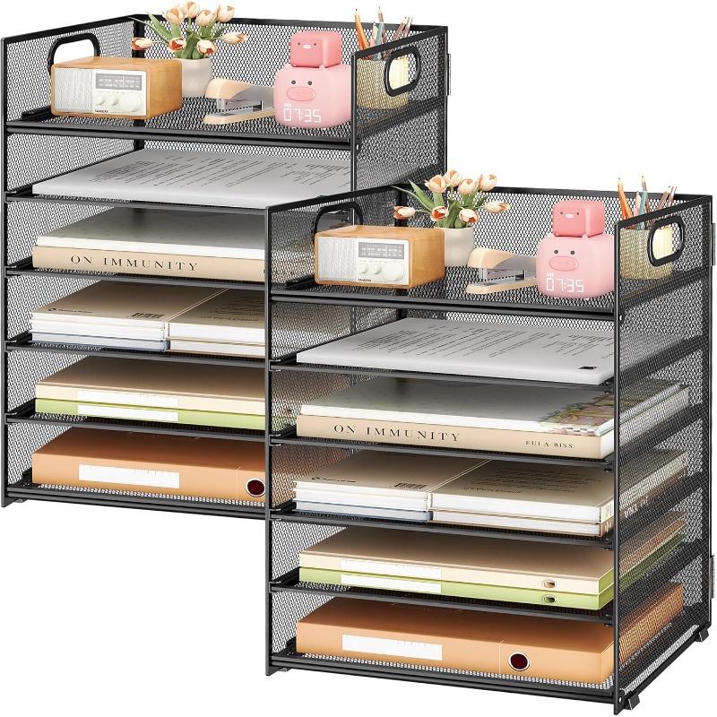 Image of 2pcs 6 Tier Paper File Tray Organizer For Desk, Black Mesh Desk Letter Paper File Folder Accessories Sorter Organizer With Handle, Stackable Slide Tray For Office, Home Or School Supplies Storage