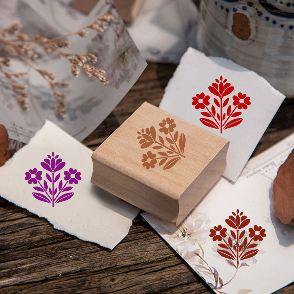 Vintage Natural Wood Rubber Stamp with Flower Design