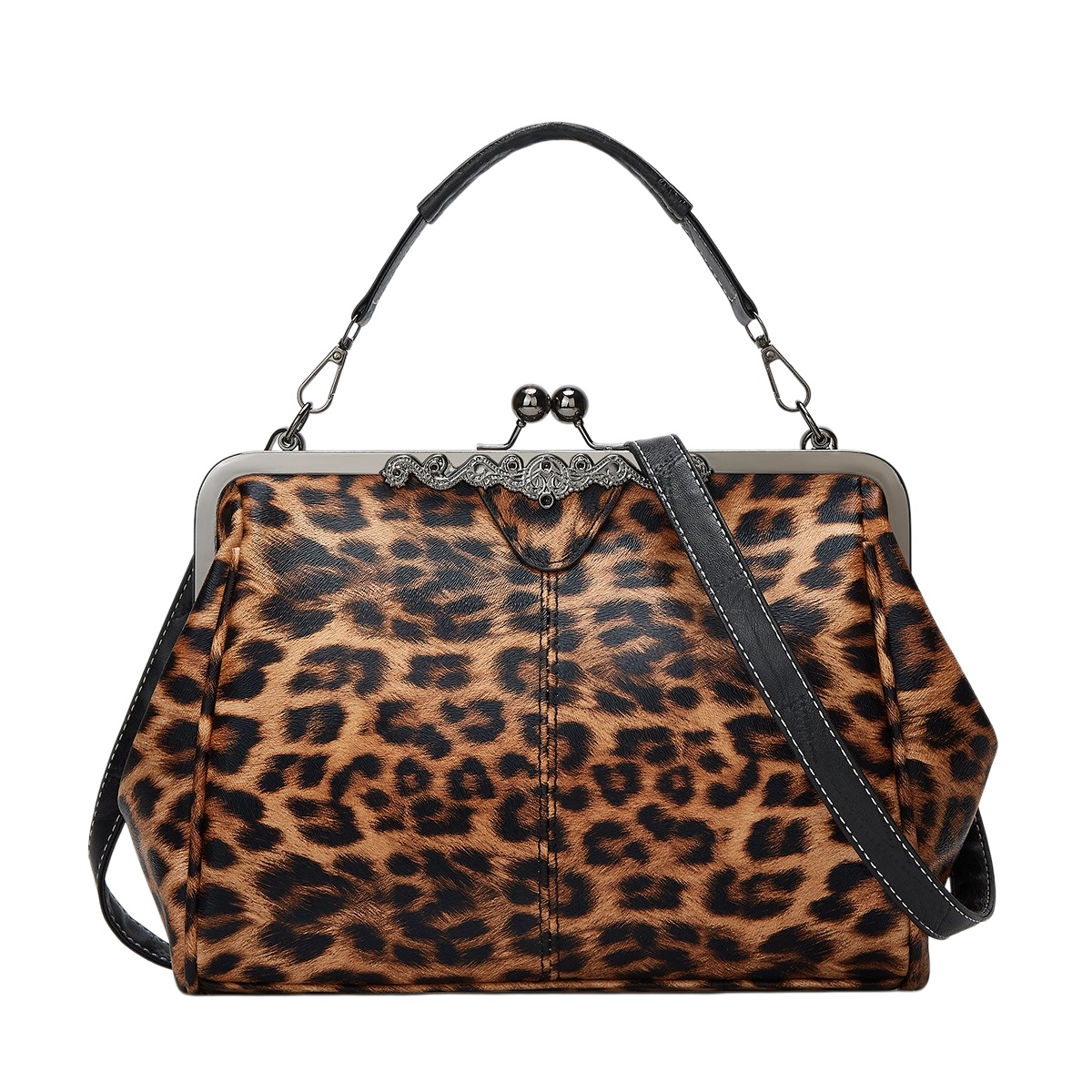 TEMU Women's Vintage Leopard Print Handbag With Clasp & Detachable Strap - Large Capacity Retro Crossbody Bag Suitable For Parties, Daily Use,