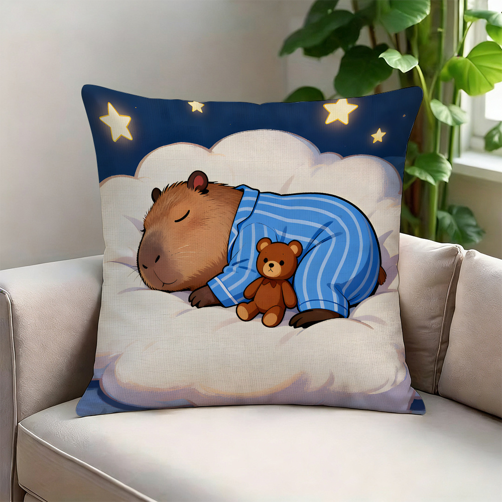 TEMU 1pc, Capybara Sleeping Pillowcase, A Capybara Wearing Blue And White Striped Pajamas, Lying On Its Side , Sleeping , With Warm , Single-sided