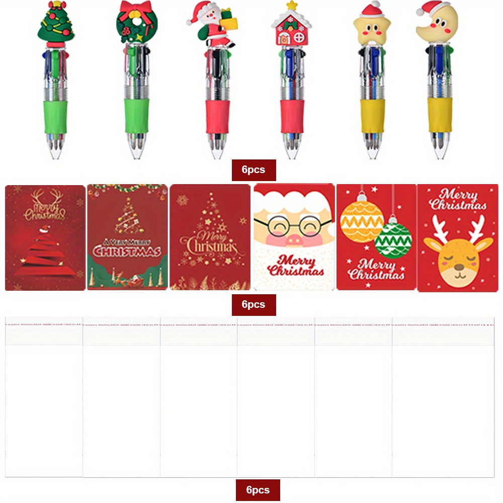18pcs christmas gift set - 6pcs   multicolor pens (0.7mm retractable), 6 christmas cards, 6 gift bags - cute cartoon school supplies,   favors, christmas gifts, festive stationery, seasonal accessories,  , retractable pen, durable material, lightweight pens, writing essentials, stationery bundle, office accessories, students gifts, toy related gifts, colorful pens, high-quality pens, jdc joyasd kitchen  , students on camping Product details 2