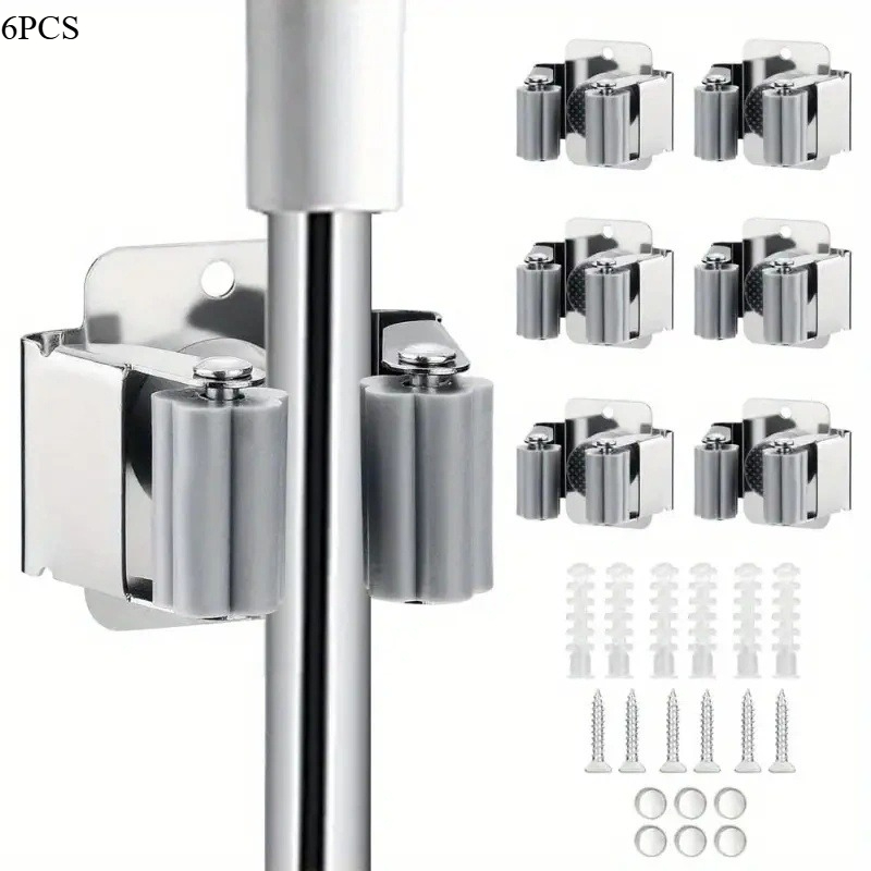 TEMU 6pcs Heavy Duty Wall-mounted Mop & Broom Holder Clips Suitable For Kitchen, Bathroom, Garage & Garden Storage Organizer With Hooks, Door/hallway