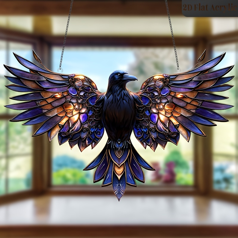 TEMU 2d Flat - Suitable For All , 2d Flat Design, 1pc, 2d Flat Crow Acrylic Sun Catcher, Hanging Decoration For Living Room, Office, And Studio