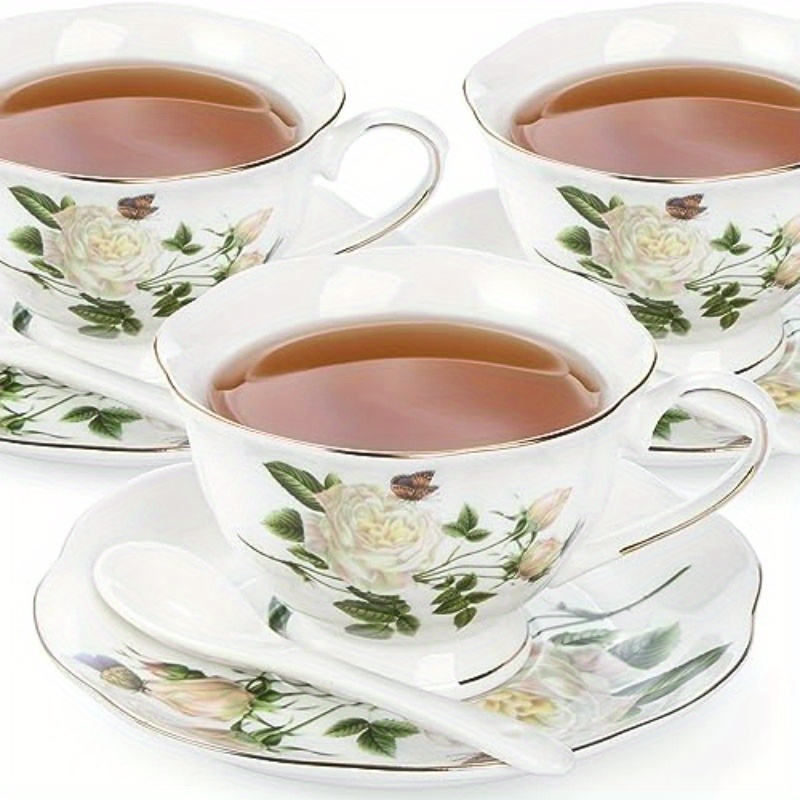 6oz porcelain ivory floral tea cup and saucer set with   - elegant latte cups and espresso mug for coffee drinks,   home or restaurant use,   tea set|floral pattern cups|durable porcelain Product details 3