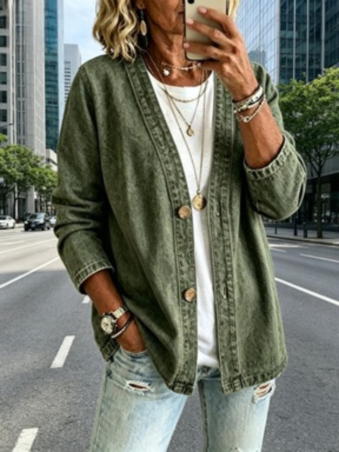 2026 new arrival womens casual   green denim cardigan long sleeve denim jacket featuring a stylish and versatile   is suitable for spring summer and autumn