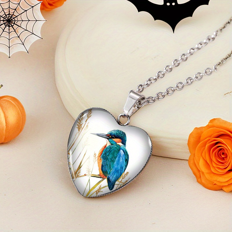TEMU 1pc Kingfisher Heart Shaped Necklace Glass Dome Penddant Handmade Men's Jewelry