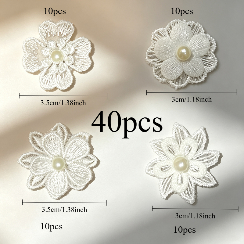 TEMU 40pcs White Lace Floral Appliques, Faux Pearl Embellished Flower Patches, Exquisite Delicate Fabric Flower Ornaments, Elegant Romantic Vintage