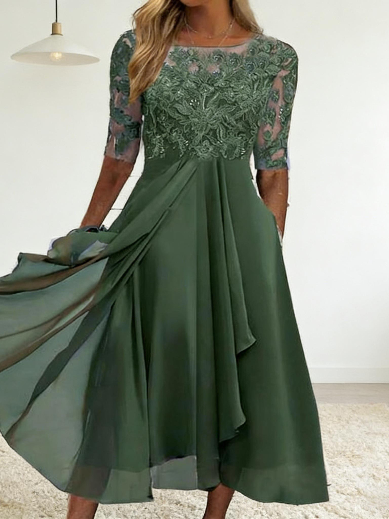 Plus Size * 2026 Women's Elegant Chiffon & Lace Hollow-Out Bridesmaid Dress  - -Neck Asymmetrical Train Mermaid Evening Gown * Wedding Dress Suitable  for Prom, Formal Events, Machine Washable Long ...