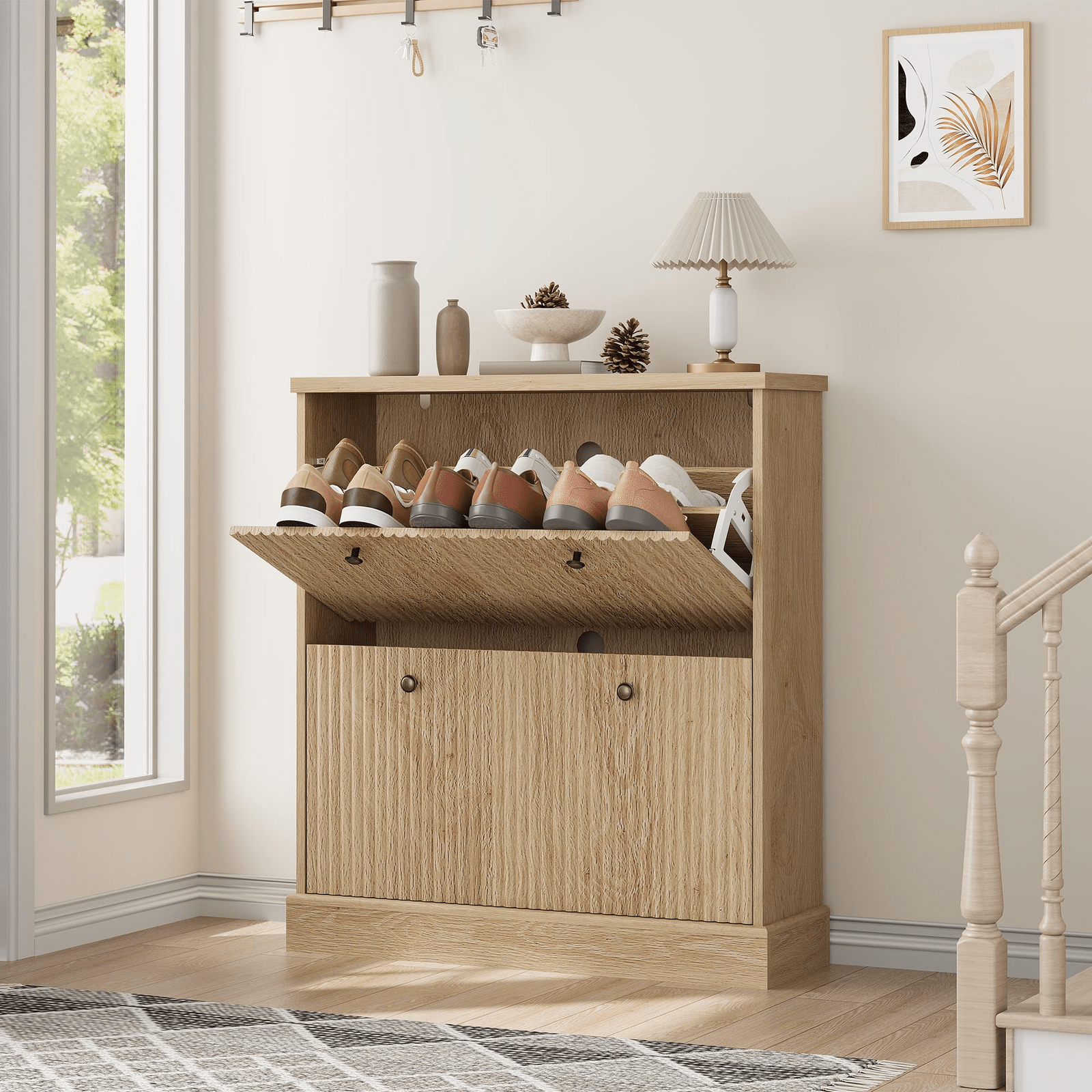 Modern Narrow Wave Shoe Cabinet With 2 Flip Drawers & Adjustable Shelves - Freestanding Shoe Storage Organizer Suitable For Entryway, Hallway, Living Room, Space- Cabinet With Wave-shaped Door