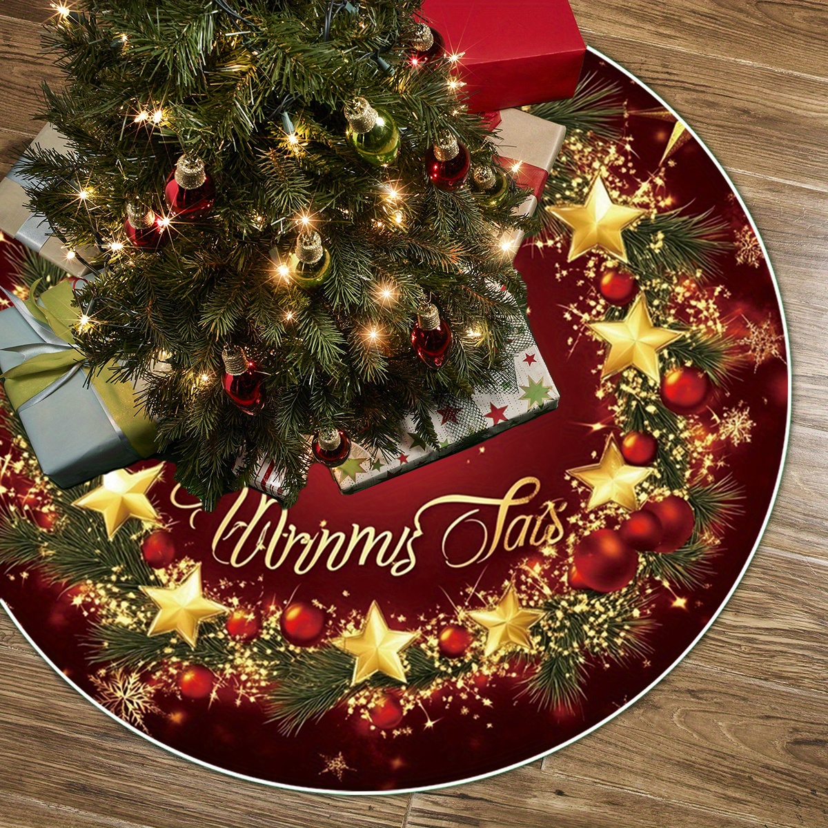 TEMU 1pc Christmas Theme Wreath Shape Golden Stars Red Decorative Pattern Christmas Tree Skirt Home Bedroom Decoration Tree Skirt Living Room