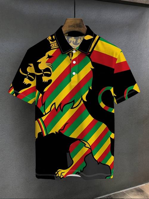 mens retro reggae lion theme print short sleeve shirt with red green and lion silhouette lapel style summer lightweight comfortable showcasing individual