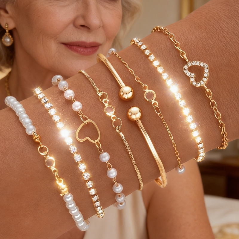 TEMU 8pcs Women's Bohemian Style Fashionable And Elegant Bracelet Set, Heart Open Bangle, Multi-piece Jewelry Set For, Daily Wear, , Parties, Stylish