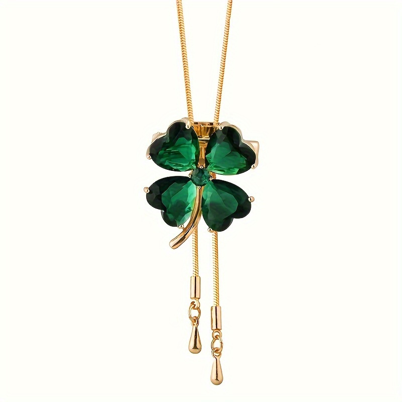 Vintage Clover Y-necklace With Crystal Brooch, Alloy, Versatile For Daily & Gift