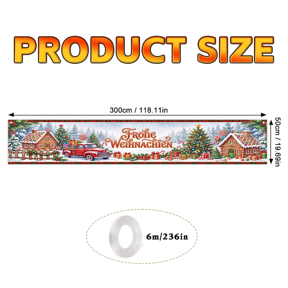 TEMU 2d Flat, 2d Flat - 2d Flat Banner, 1pc, German-language Christmas Patio Sign Party Banner, Polyester, Vintage Car Gift Box Pattern, Suitable For