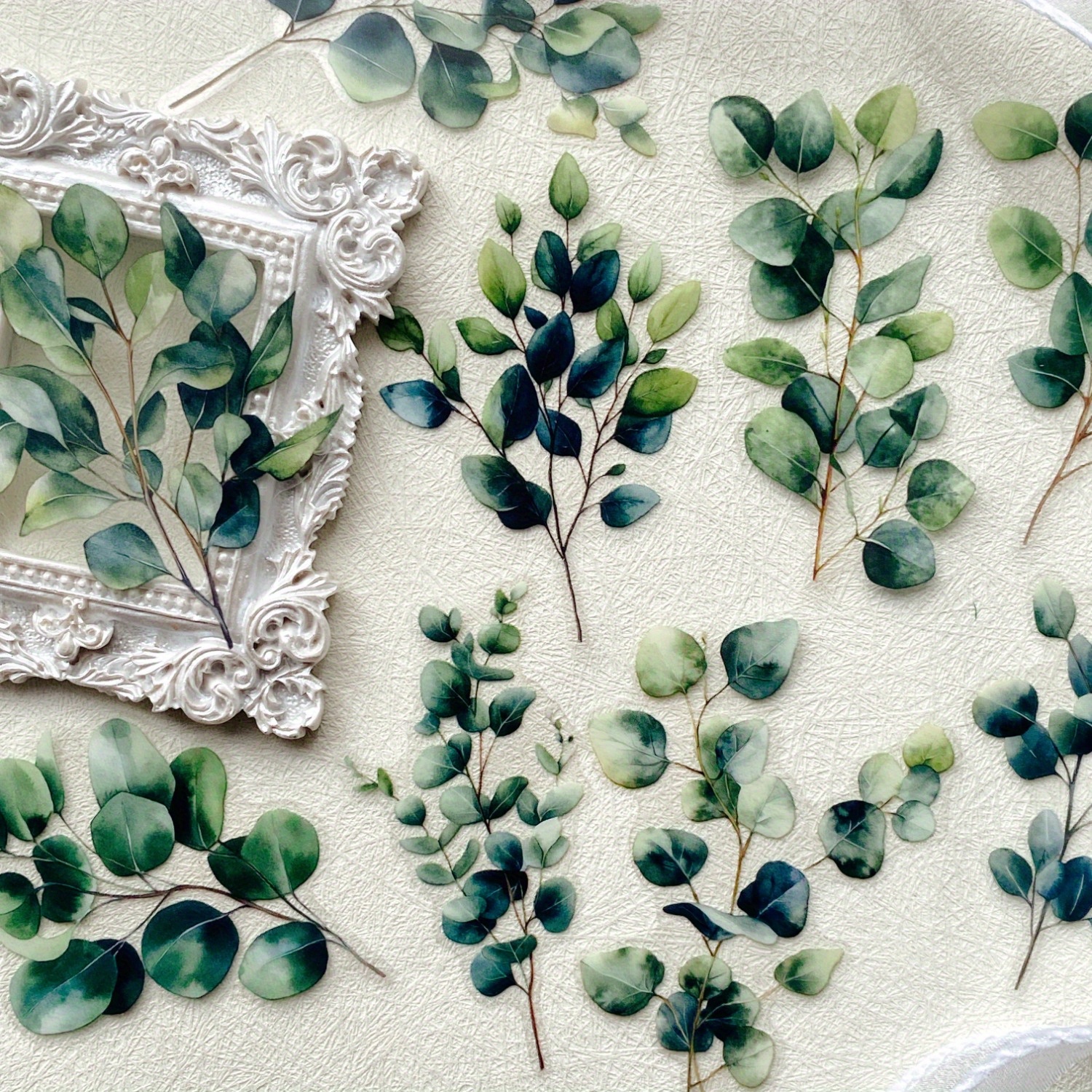 TEMU 20pcs (10+ Color Varieties) Realistic Green Leaf Stickers Plastic Sheets With Eucalyptus, Mint, Sage, Olive, Fern, Ivy, , Thyme, Rosemary,