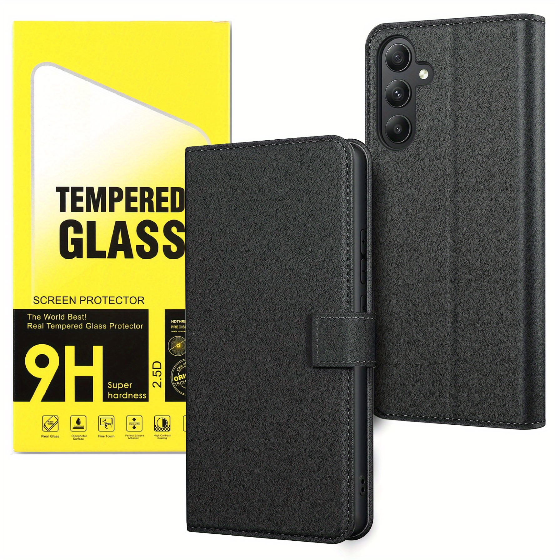 TEMU Phone Case: For Galaxy A55 With 2pcs Tempered Glass Screen Protector, Kickstand Pu Leather Card Slot Flip Protective Phone Case Cover