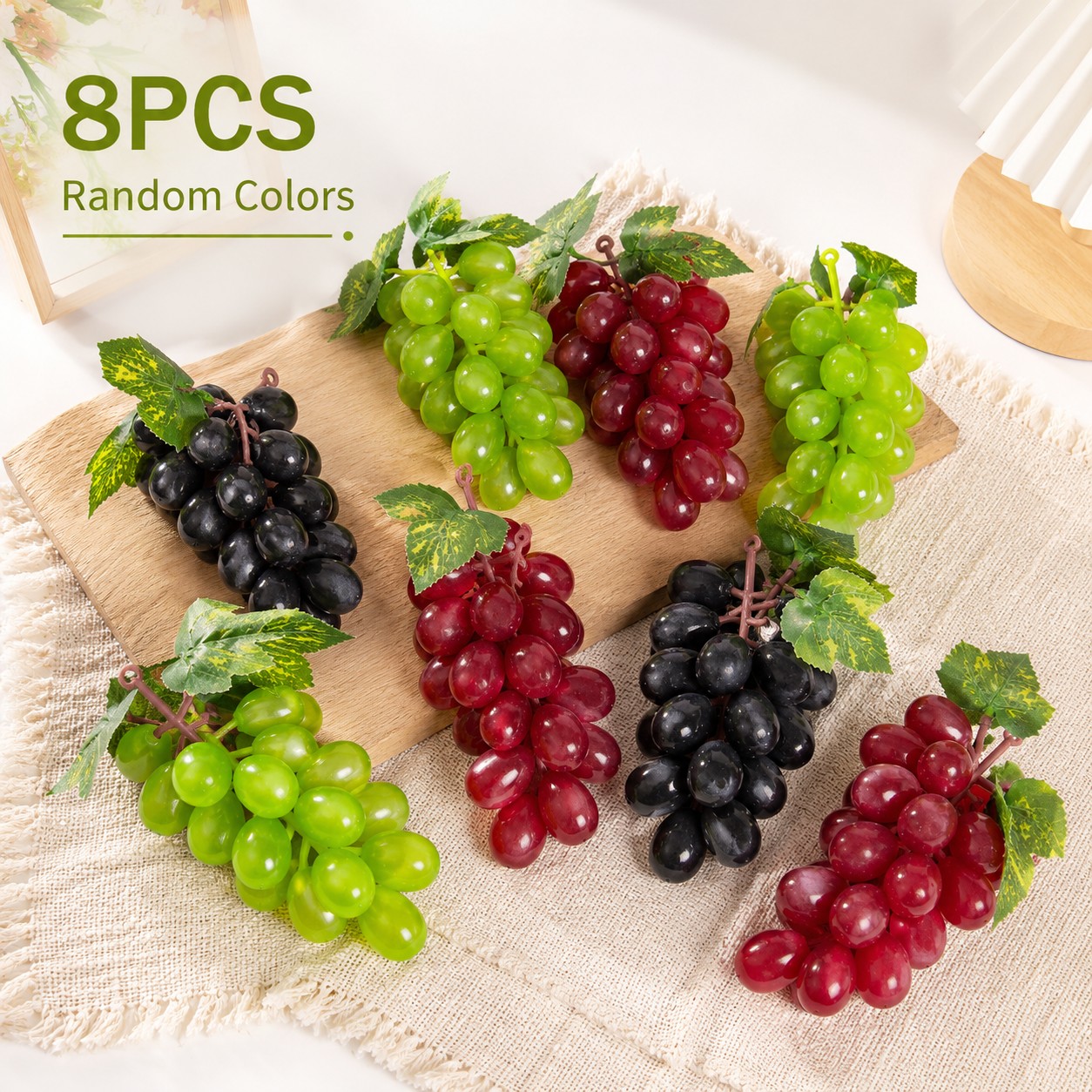 TEMU 8pcs Artificial Grapes Set, Realistic Fake Grape Bunches With Leaves, Mixed Random Colors Fruit Decor For Home Kitchen Table Display Photography