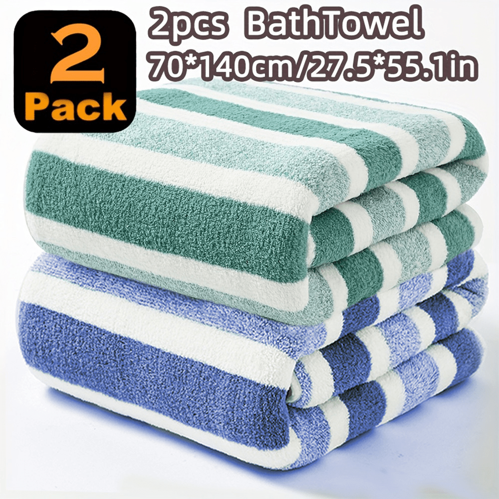 TEMU 2pcs Bath Towel Set (2-pack) - Thickened Coral Suitable For Swimming, Quick-dry Absorbent Microfiber Towels With Striped, Oversized For &, Spa,